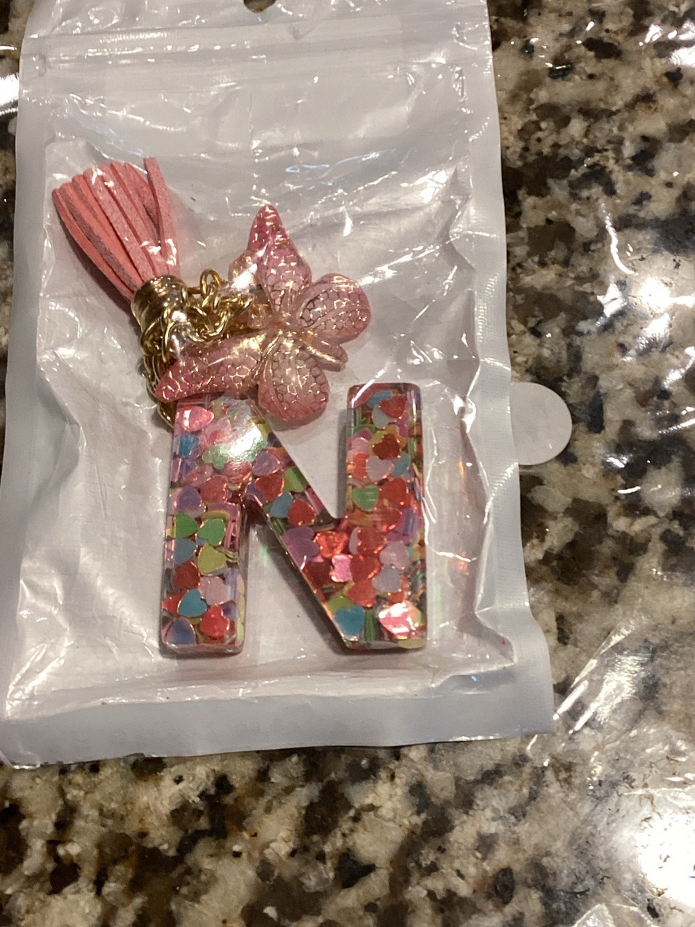 Pink Confetti Letter N Keychain with Tassel and Butterfly Charm